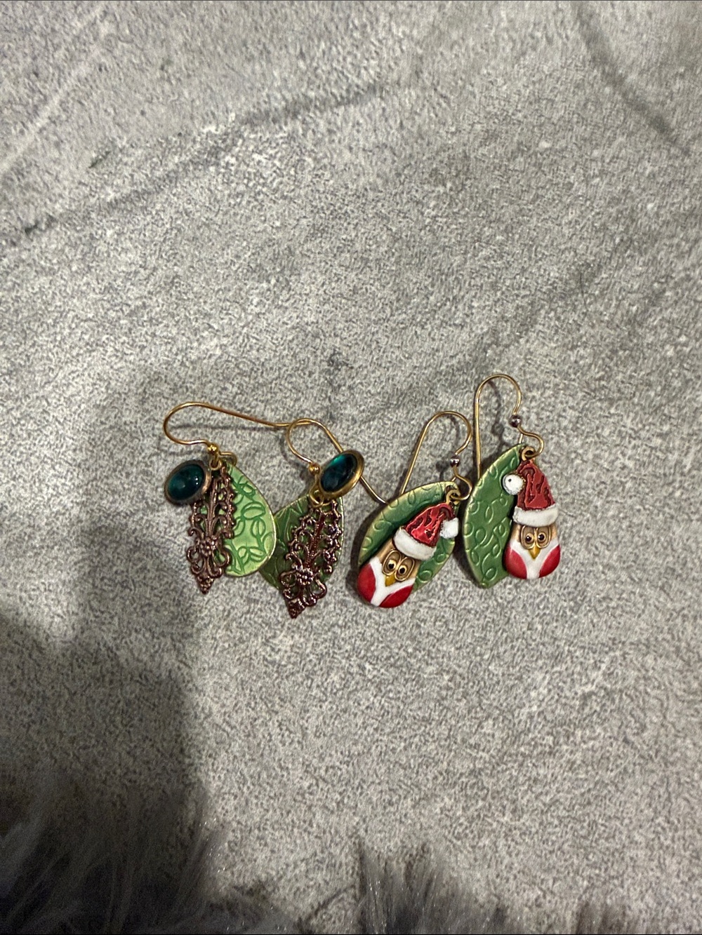 Silver Forest Green and Red Owl Holiday Dangle Earrings